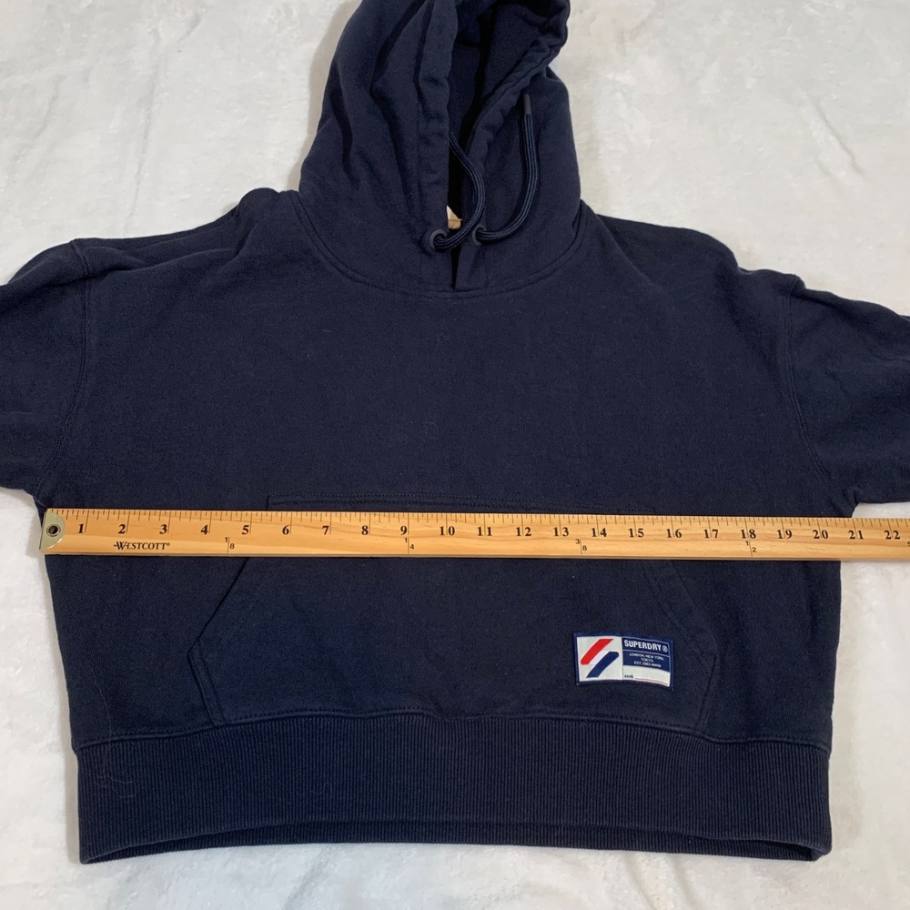 Superdry Navy Cropped Fitted Hoodie Athletic Logo Sleeve Pullover Women Small - Picture 9 of 10